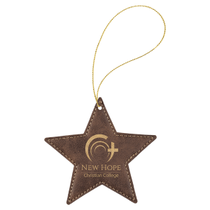 Rustic/Gold Laserable Leatherette Star Ornament with Gold String