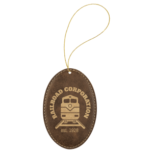 Rustic/Gold Laserable Leatherette Oval Ornament with Gold String