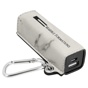 White Marble Laserable Leatherette 2200 mAh Power Bank with USB Cord