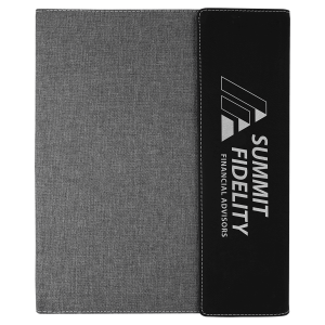 9 1/2"x12" Black/Silver Laserable Leatherette / Gray Canvas Portfolio w/Notepad