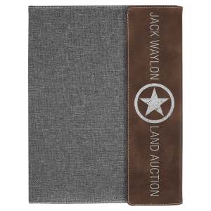 9 1/2"x12" Rustic/Silver Laserable Leatherette/Gray Canvas Portfolio w/Notepad