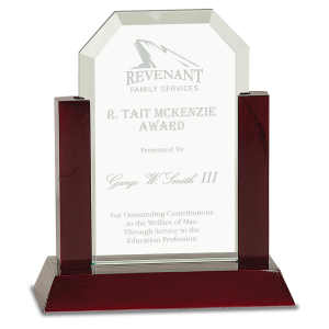 7" Gateway Jade Clip Corner Glass Award with Rosewood Finish Base